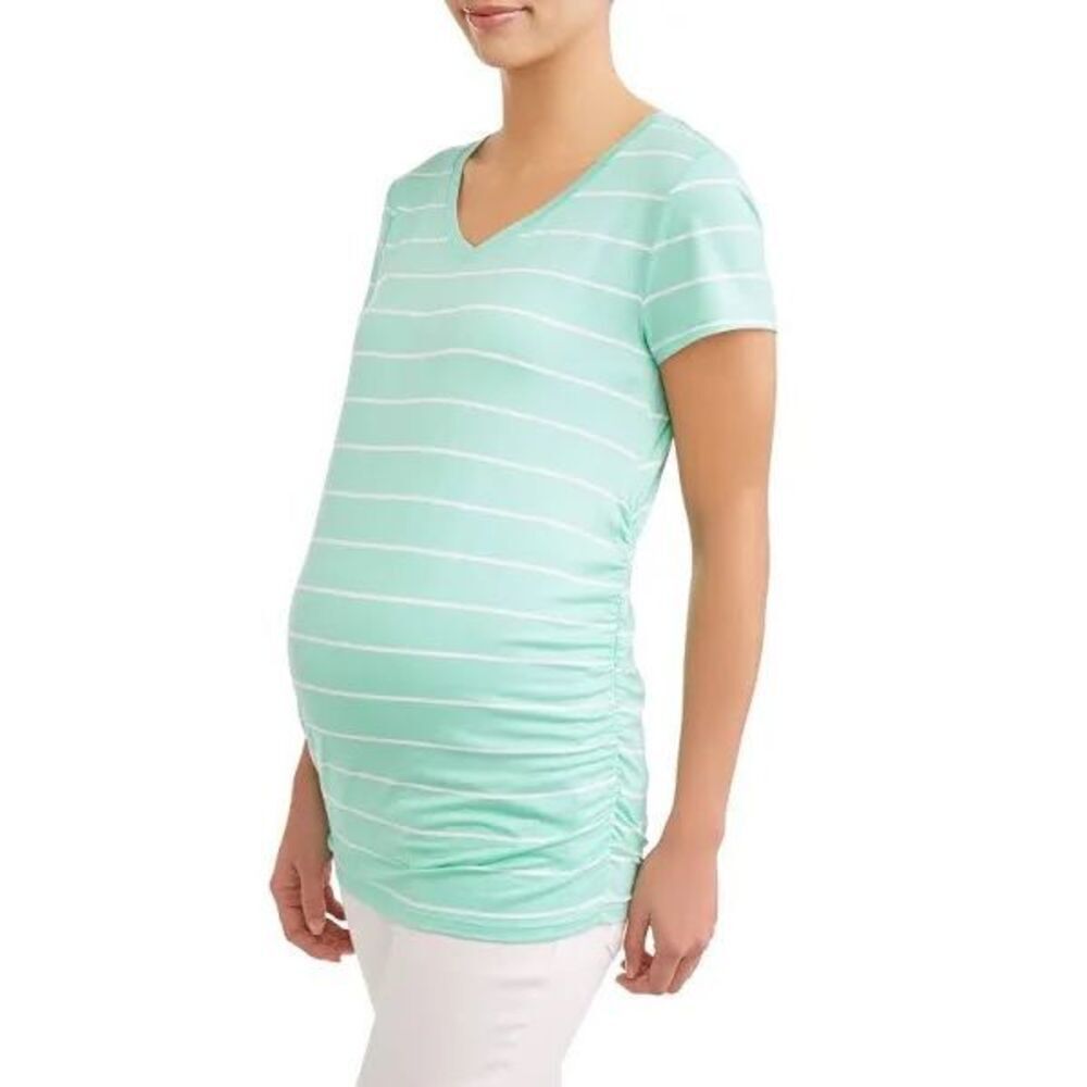 Womens Time and Tru V Neck Mint Striped Ruched Side Tunic Blouse Top - Sz XL